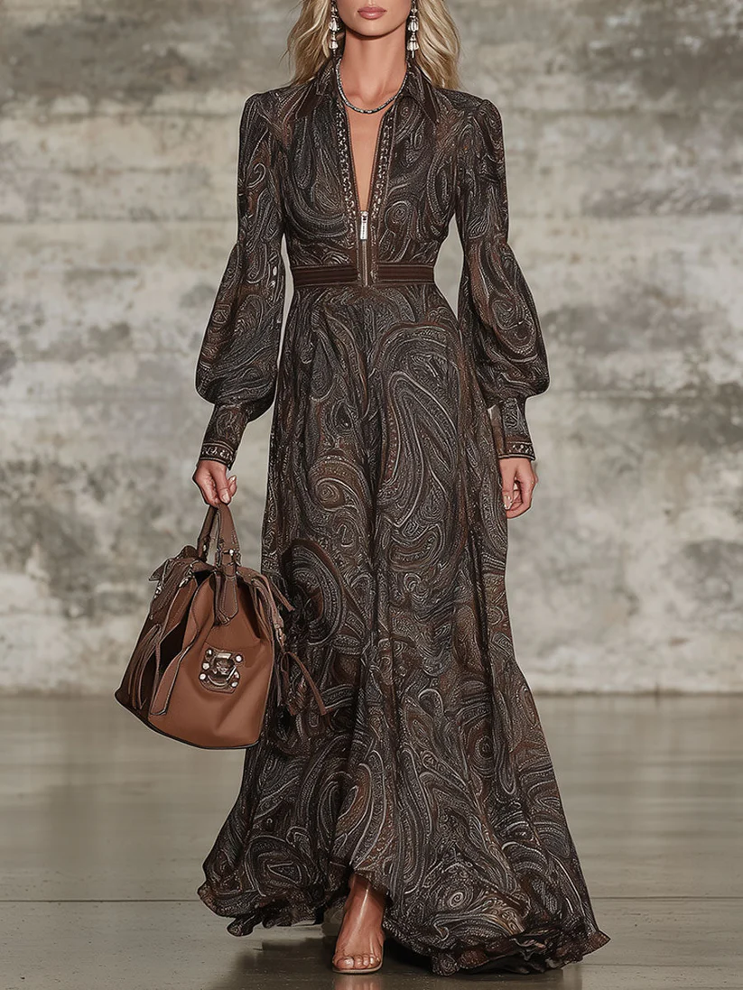 Elegantes Vintage-Maxikleid mit Verschluss und Paisley-Muster