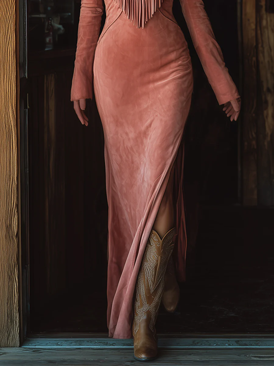 Vintage-Western-Maxikleid mit Fransen, Stickerei und Kunstleder in Rosa