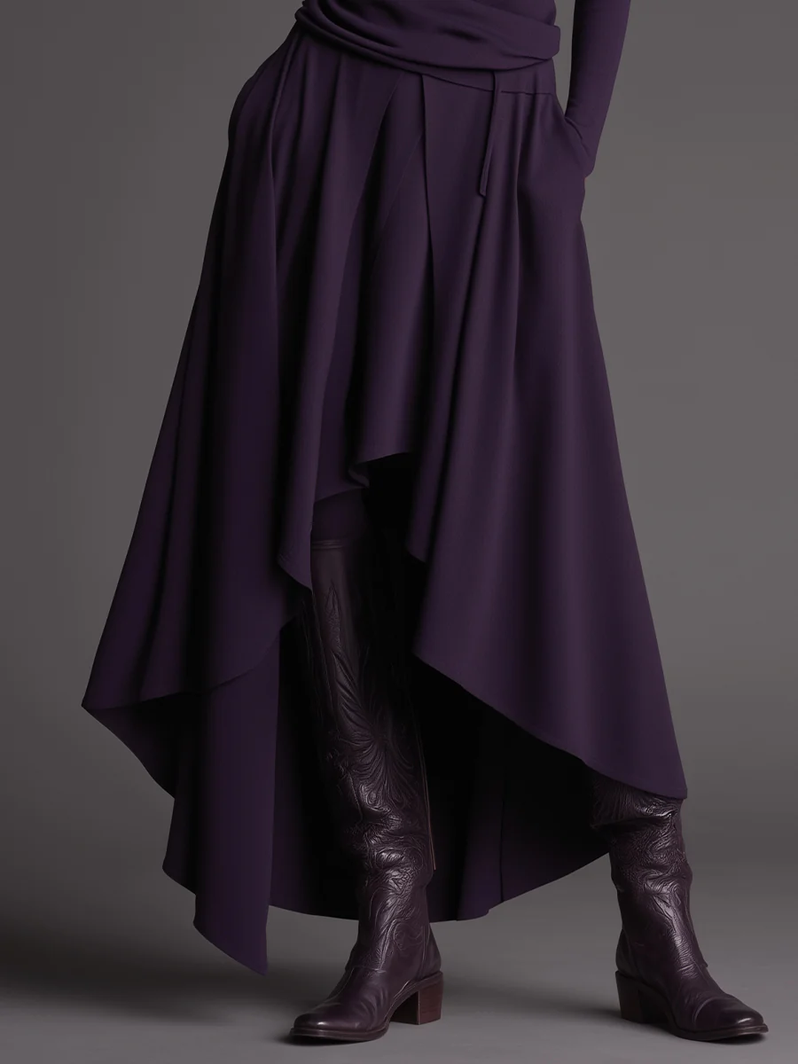Schickes lila Rollkragen-Top mit asymmetrischem Rock – stylisches zweiteiliges Set
