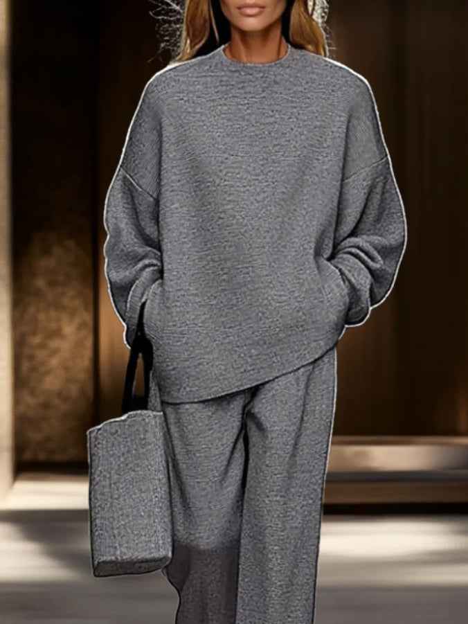Comfortable Gray Top and Wide-leg Pants Casual Two-piece Set