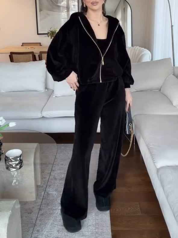 Dunkelbraune Samt-Kapuzen-Cardigan mit weiten Hosen – Casual-Set