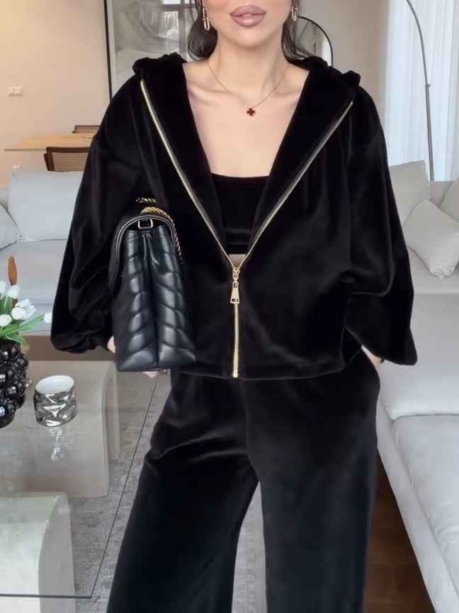 Dunkelbraune Samt-Kapuzen-Cardigan mit weiten Hosen – Casual-Set