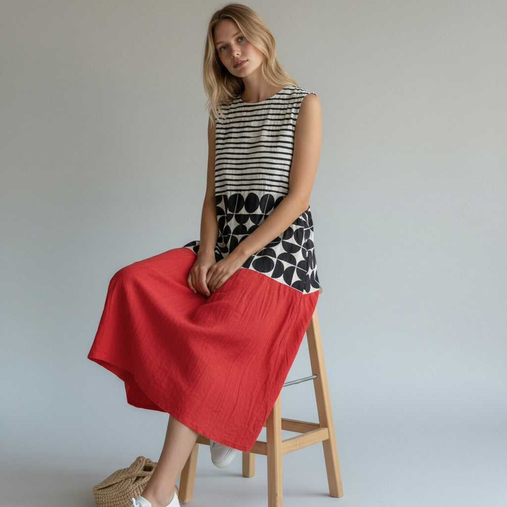 Yara | Elegantes geometrisches Kleid in Sunset-Farben