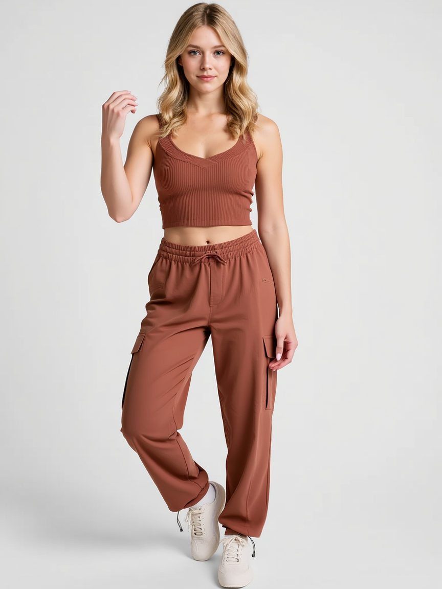 Chloe | Damen Rippstrick Kurzes Top Braun Tanktop Yoga Fitness Sommer