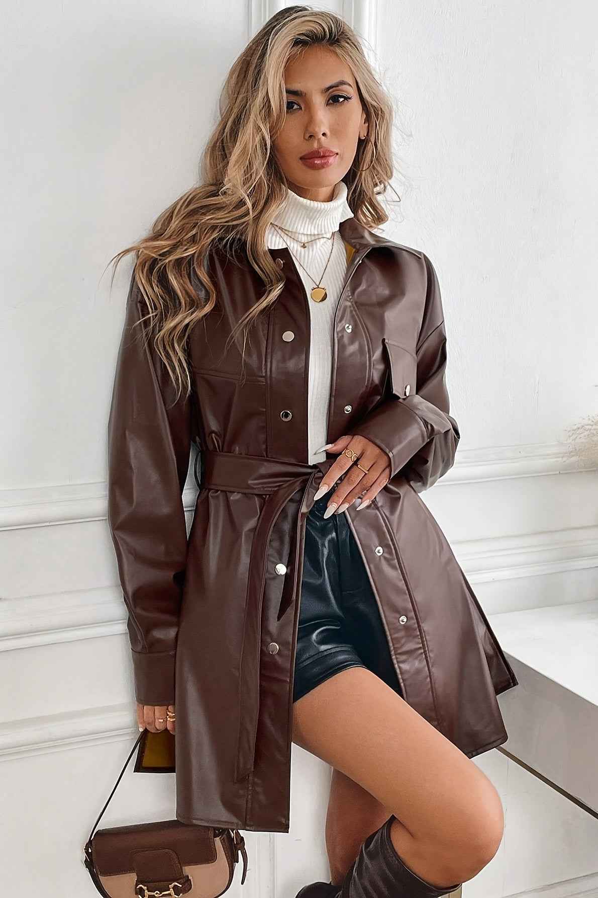 Damen mittel-langes winddichtes Mantel mit Kunstledergürtel