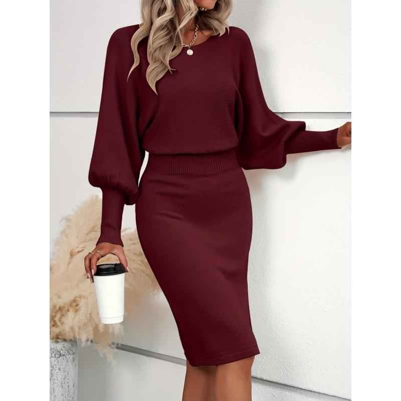 LEAH™ Elegantes, figurschmeichelndes tailliertes Strickkleid mit Laternenärmeln