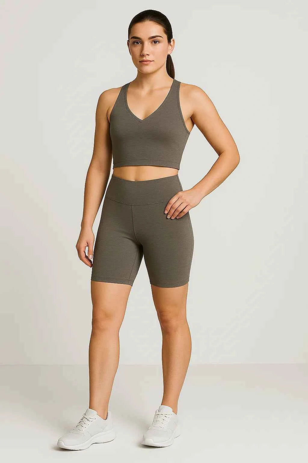 Victoria | Damen Spacedye Set Grau Top & Leggings V-Ausschnitt Yoga Fitness