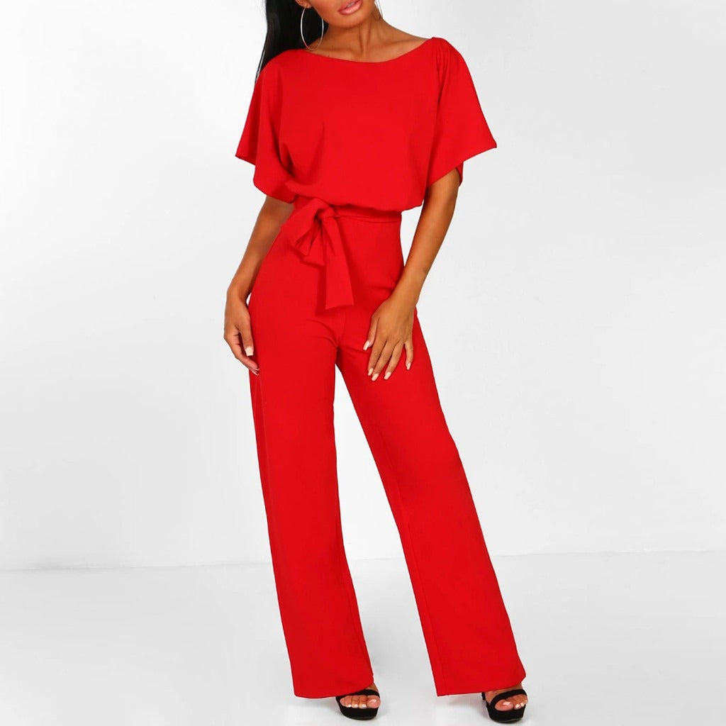Damen Eleganter Jumpsuit mit Gürtel - Weites Bein Overall