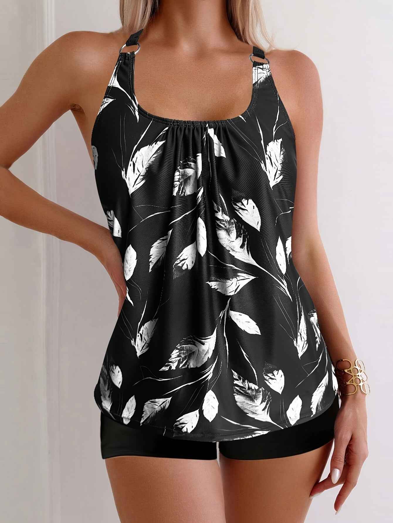 Elise | Elegantes Schwarz-Weiß-Blattmuster-Tankini-Set