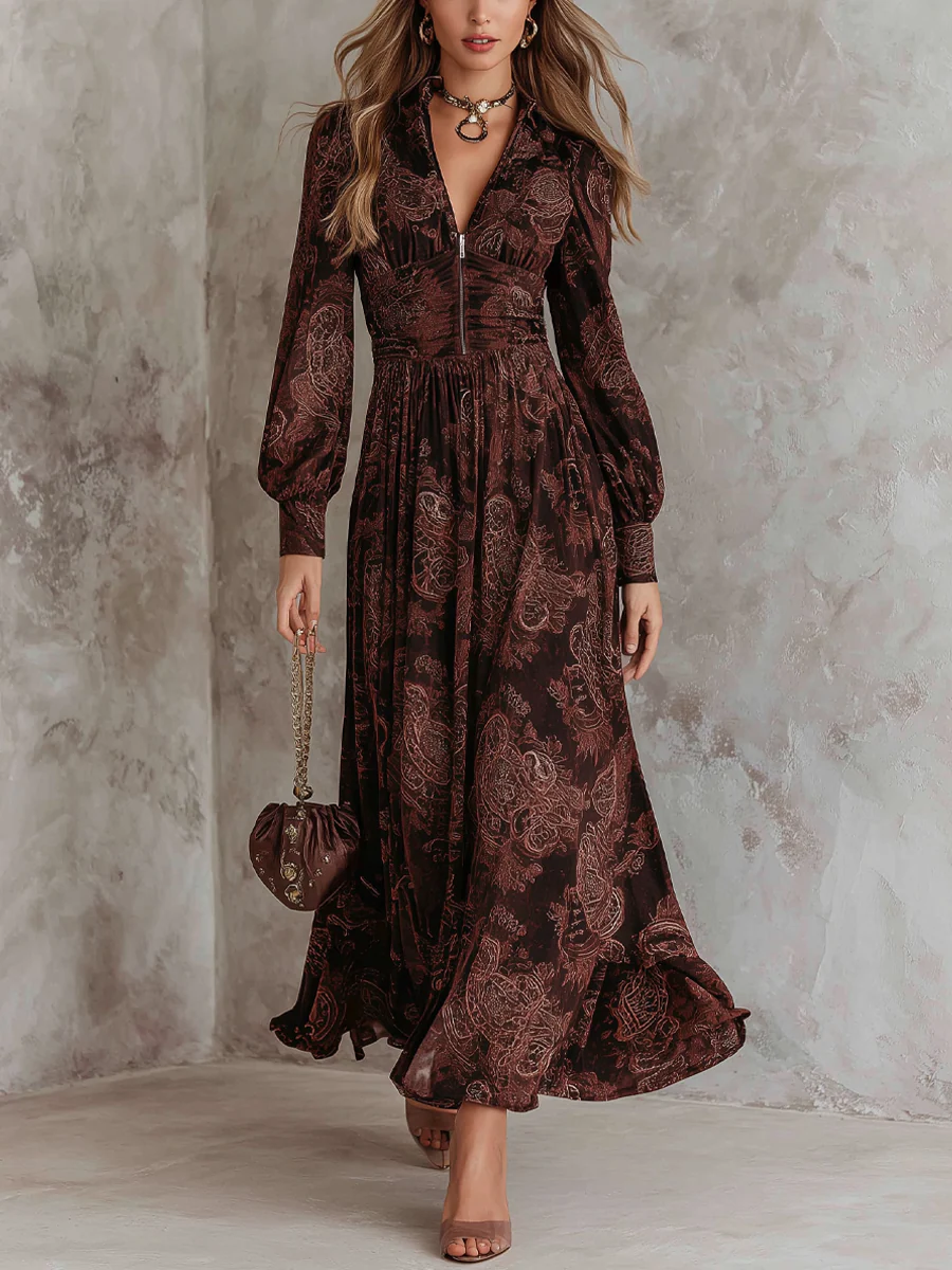 Elegantes Braunes Paisley-Maxikleid mit Reißverschluss für einen eleganten und stilvollen Look