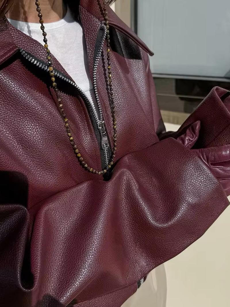 Damen Kurze Kunstlederjacke mit Reißverschluss und Kragen