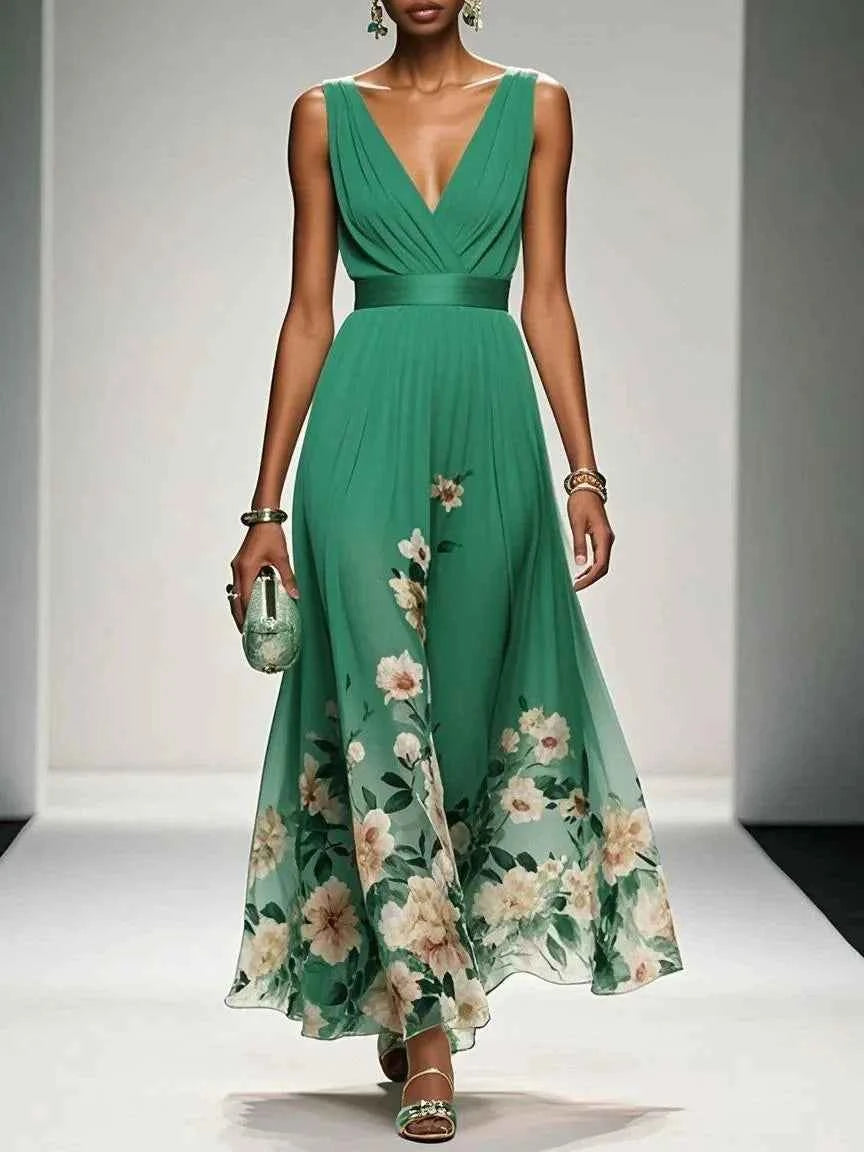 Elegantes hellblaues geblümtes Chiffon-Maxikleid mit V-Ausschnitt, ärmellos, A-Linie