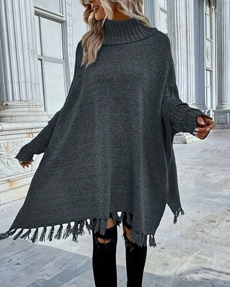 Turtleneck Batwing Sleeve Tassel Cardigan