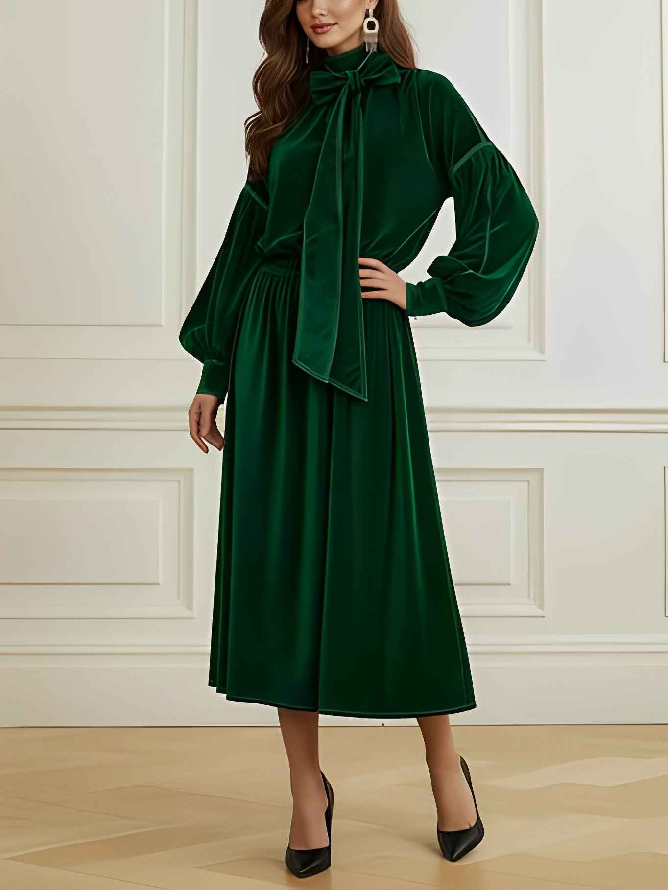 Green velvet puff sleeve bow top and skirt set