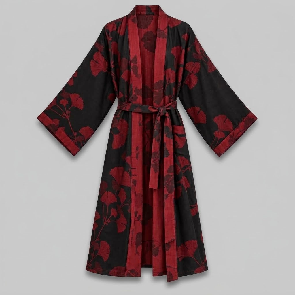 Baumwoll-Kimono-Bademantel mit wendbarem Blattmuster