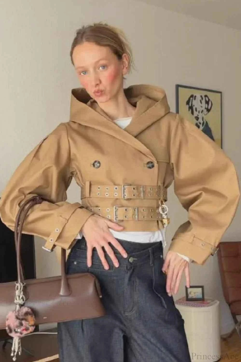 Euro2023 Stylischer Kapuzen-Cropped-Mantel mit Doppelgürtel für einen trendigen Look