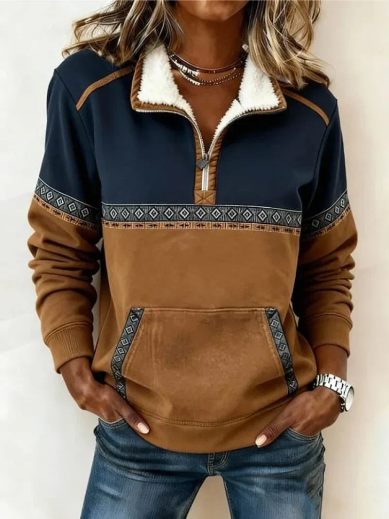 Damen Pullover - Halb-Reissverschluss mit Sherpa-Kragen, Cognac