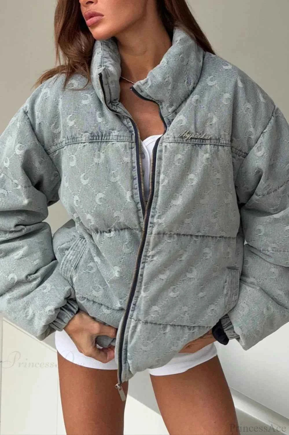 Legerer Mantel mit Stehkragen, Jacquardmuster und Croissant-Motiv