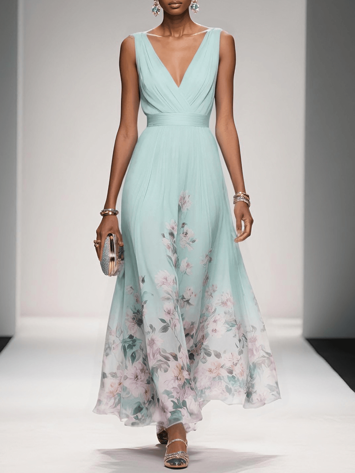 Elegantes hellblaues geblümtes Chiffon-Maxikleid mit V-Ausschnitt, ärmellos, A-Linie