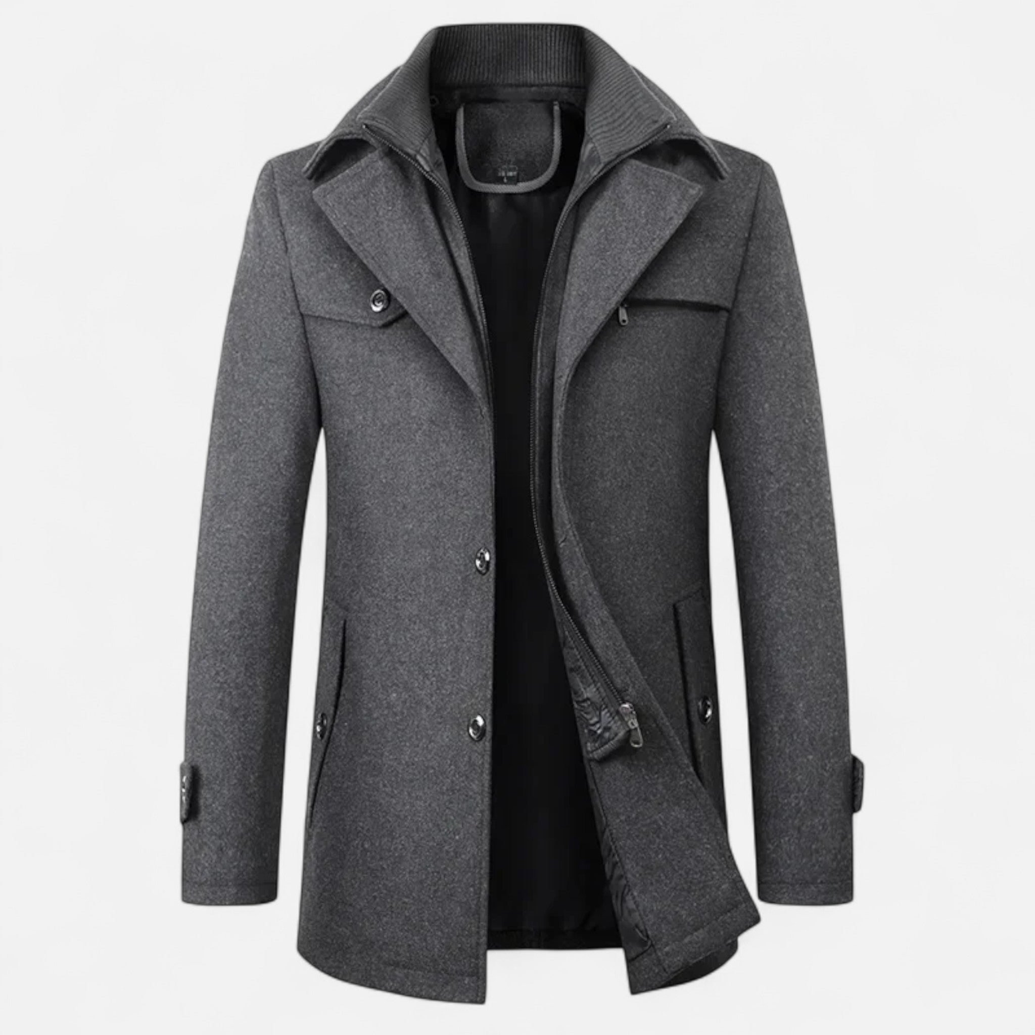 Eleganter Herren Trenchcoat aus Wolle mit Doppelkragen & Reißverschluss