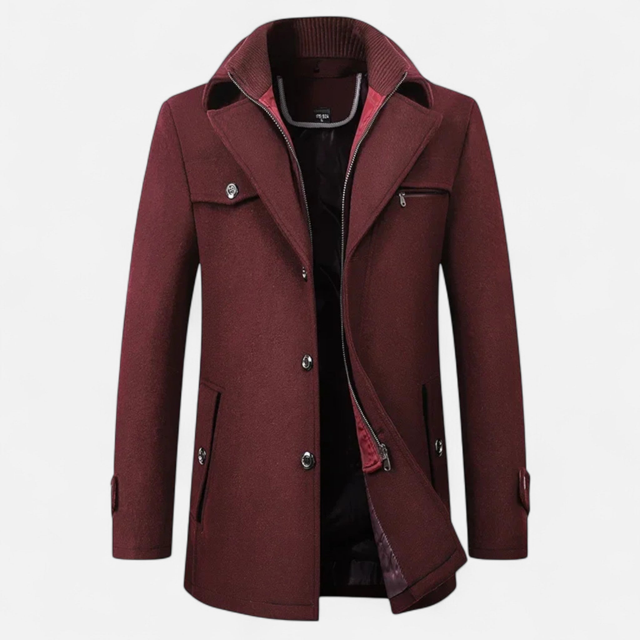Eleganter Herren Trenchcoat aus Wolle mit Doppelkragen & Reißverschluss