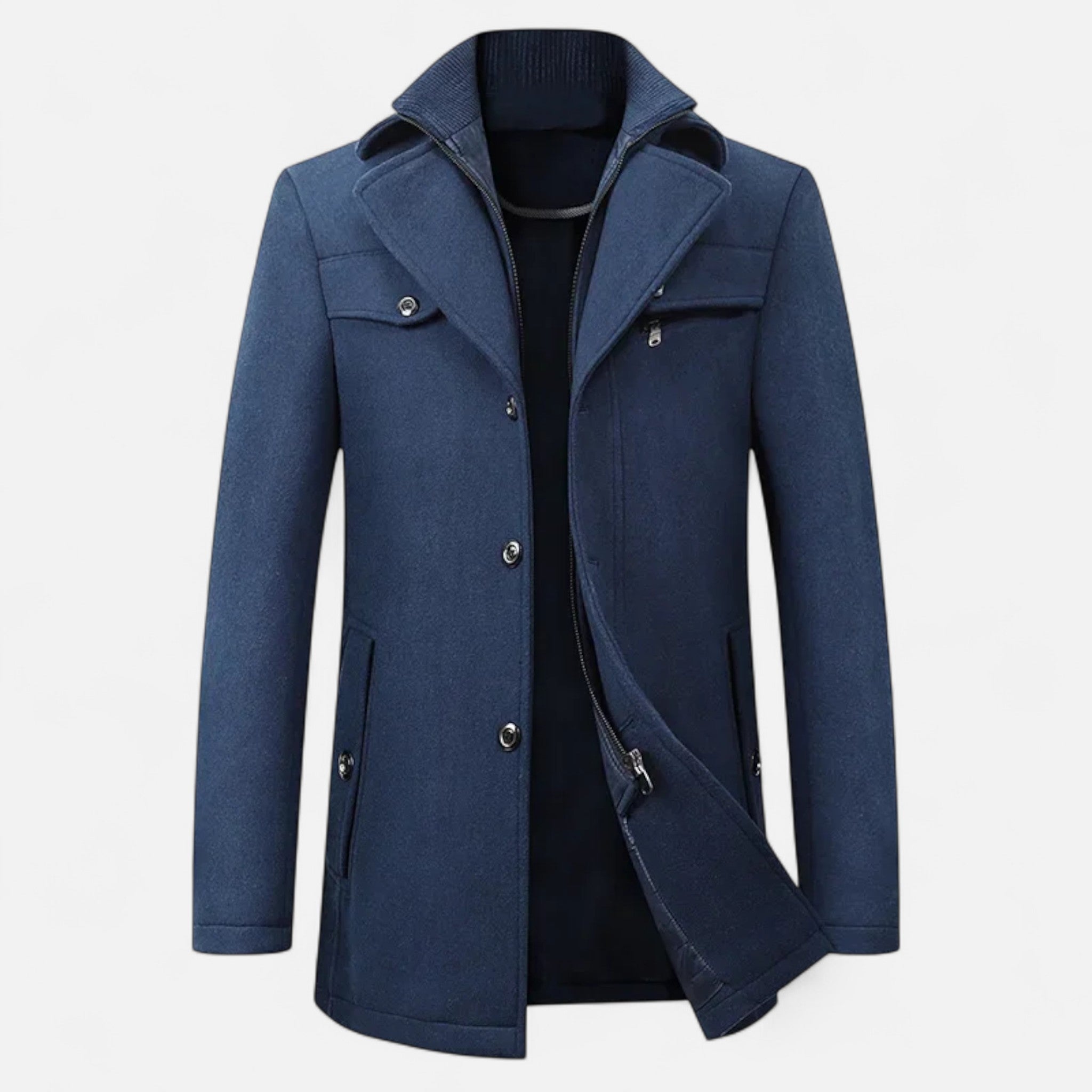 Eleganter Herren Trenchcoat aus Wolle mit Doppelkragen & Reißverschluss