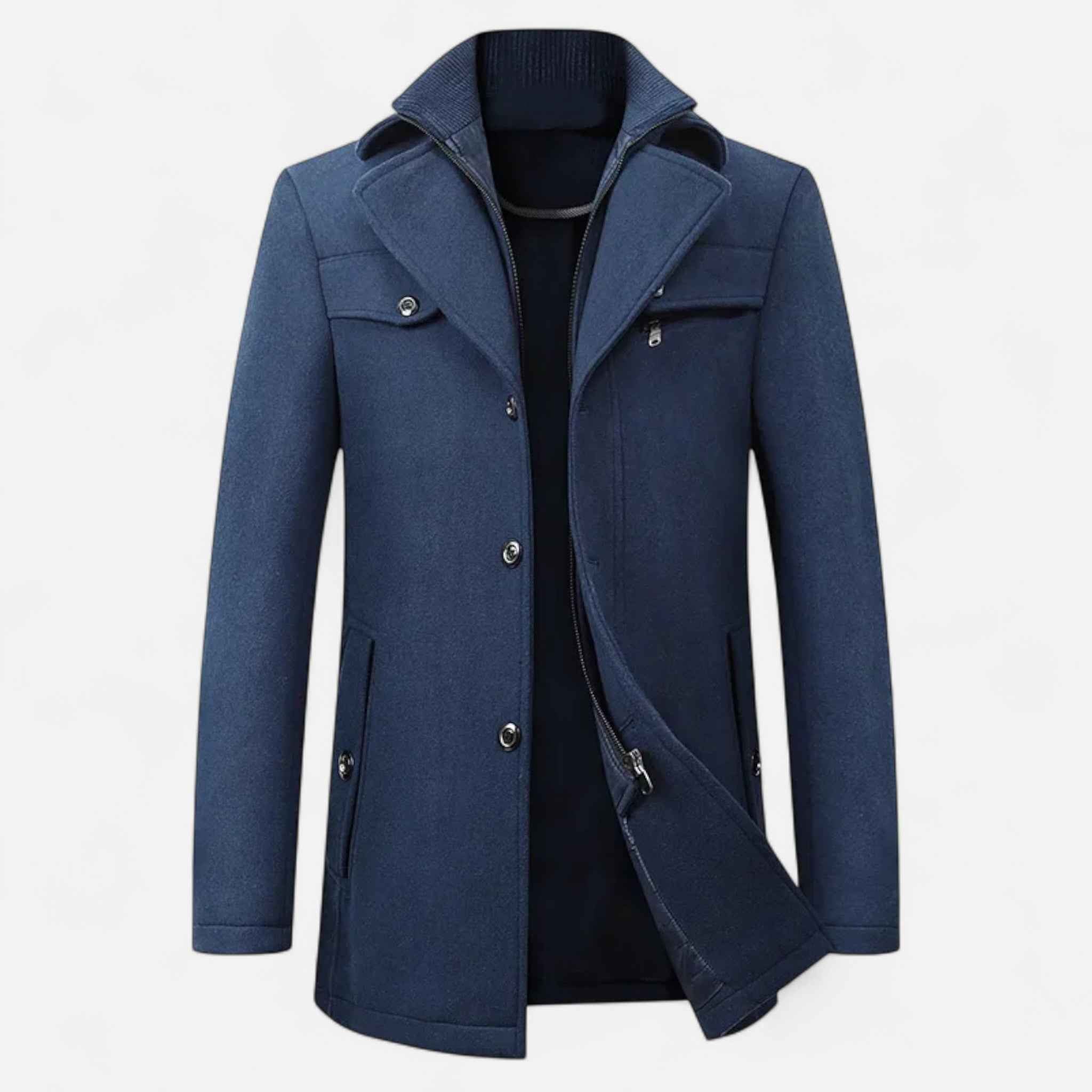 Eleganter Herren Trenchcoat aus Wolle mit Doppelkragen & Reißverschluss