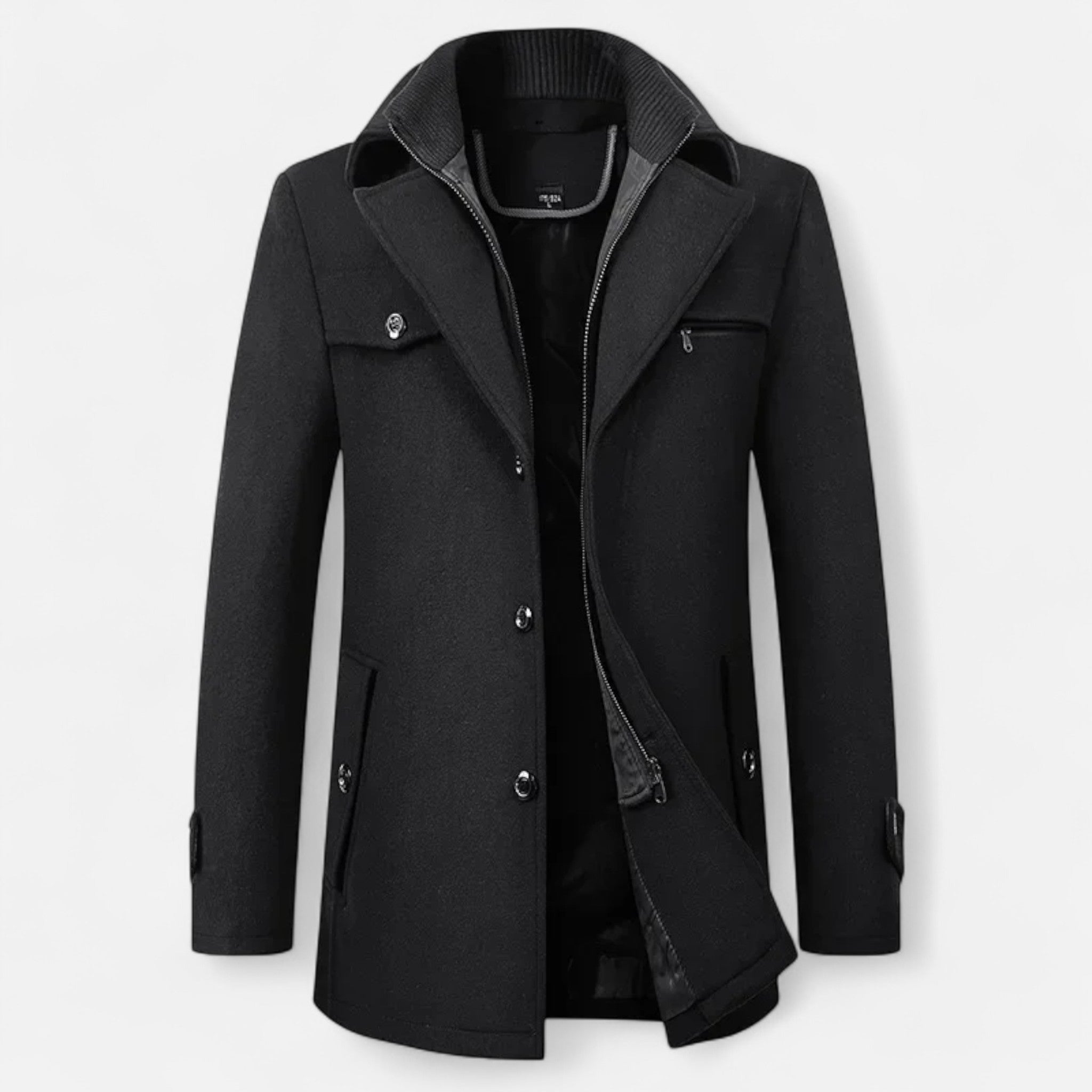 Eleganter Herren Trenchcoat aus Wolle mit Doppelkragen & Reißverschluss