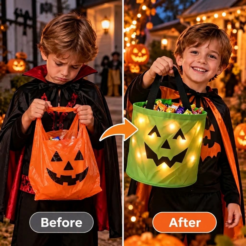 LED-Kürbis-Süßigkeitenkorb mit Griff für Halloween