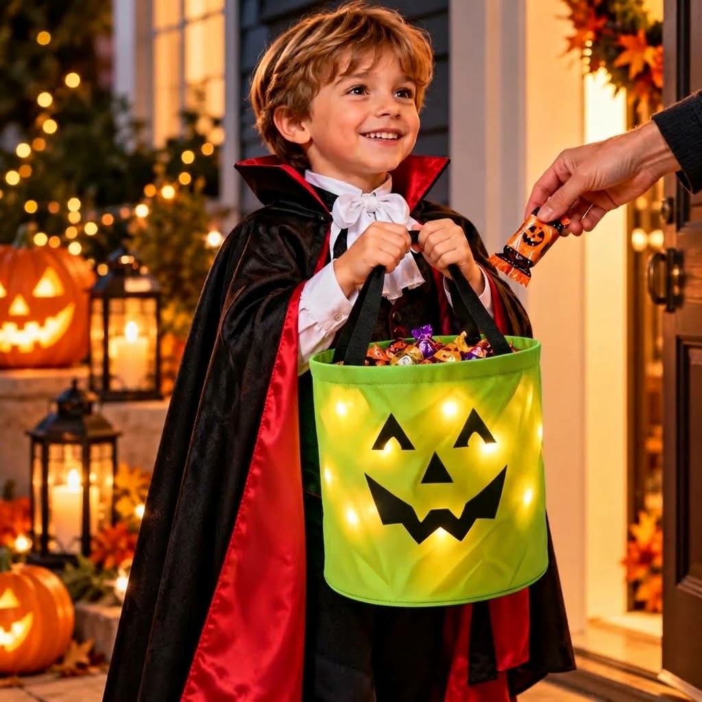 LED-Kürbis-Süßigkeitenkorb mit Griff für Halloween