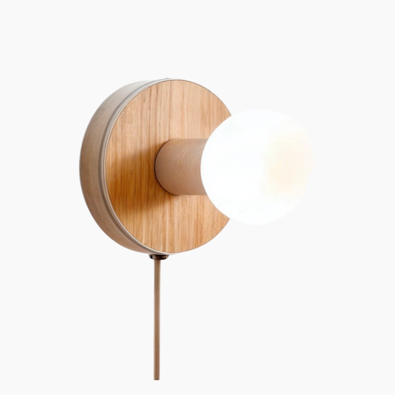 Wandlampe aus Holz mit Steckdose, dimmbare E27-Glühbirne und elegantes weißes Glaslampenschirm