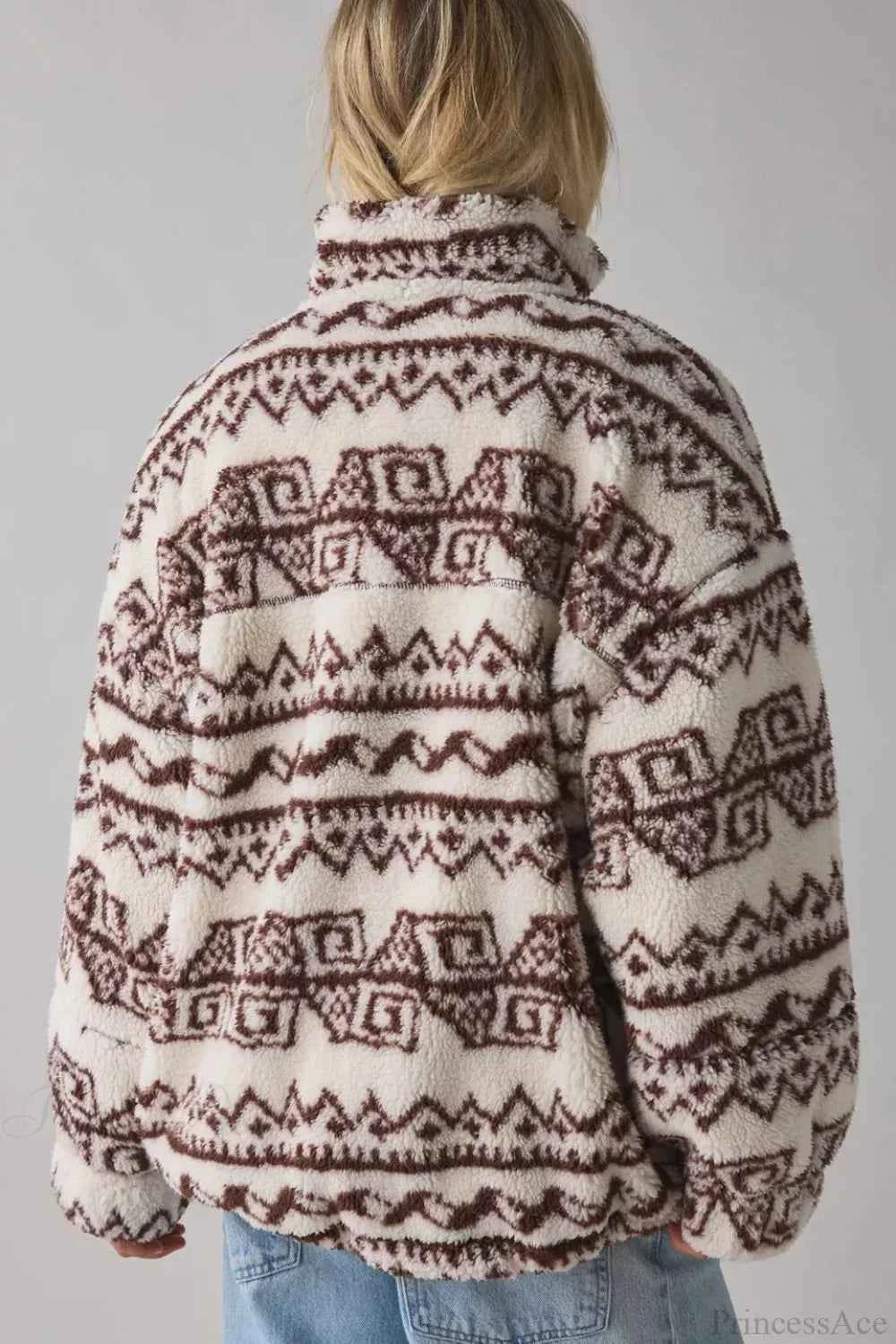 Lässiger ethnischer Fleecepullover mit Reißverschluss und Stehkragen
