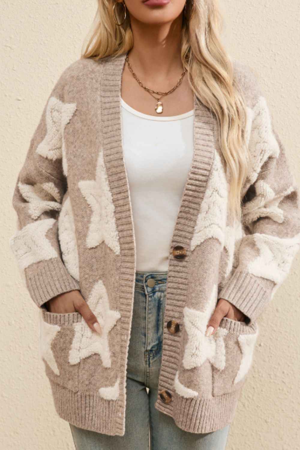 Kuscheliger Sherpa-Stern-V-Ausschnitt-Cardigan mit Fronttaschen