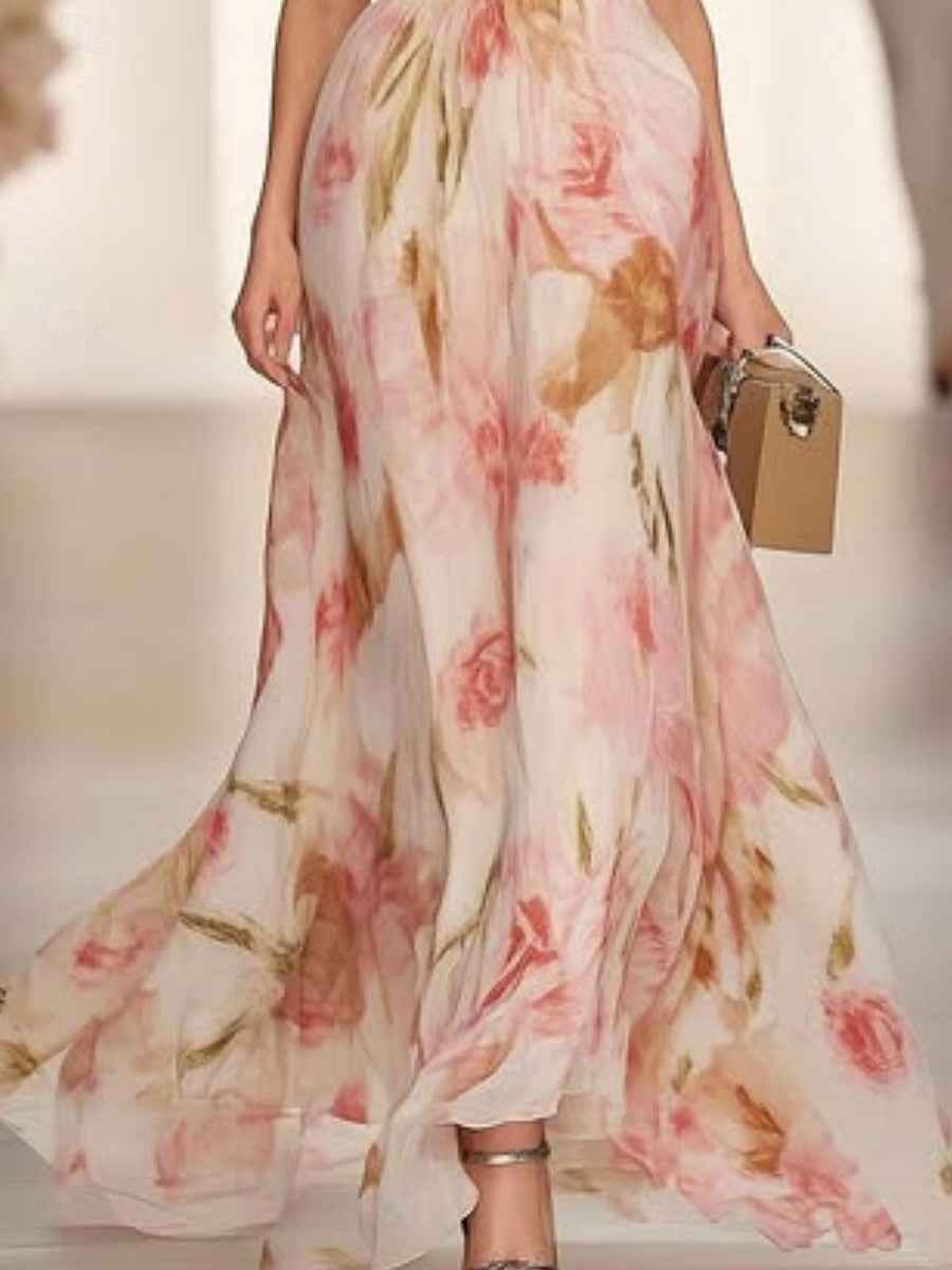 Lässiges Maxi-Kleid mit Taillendetail, Blumendruck und V-Ausschnitt mit kurzen Ärmeln