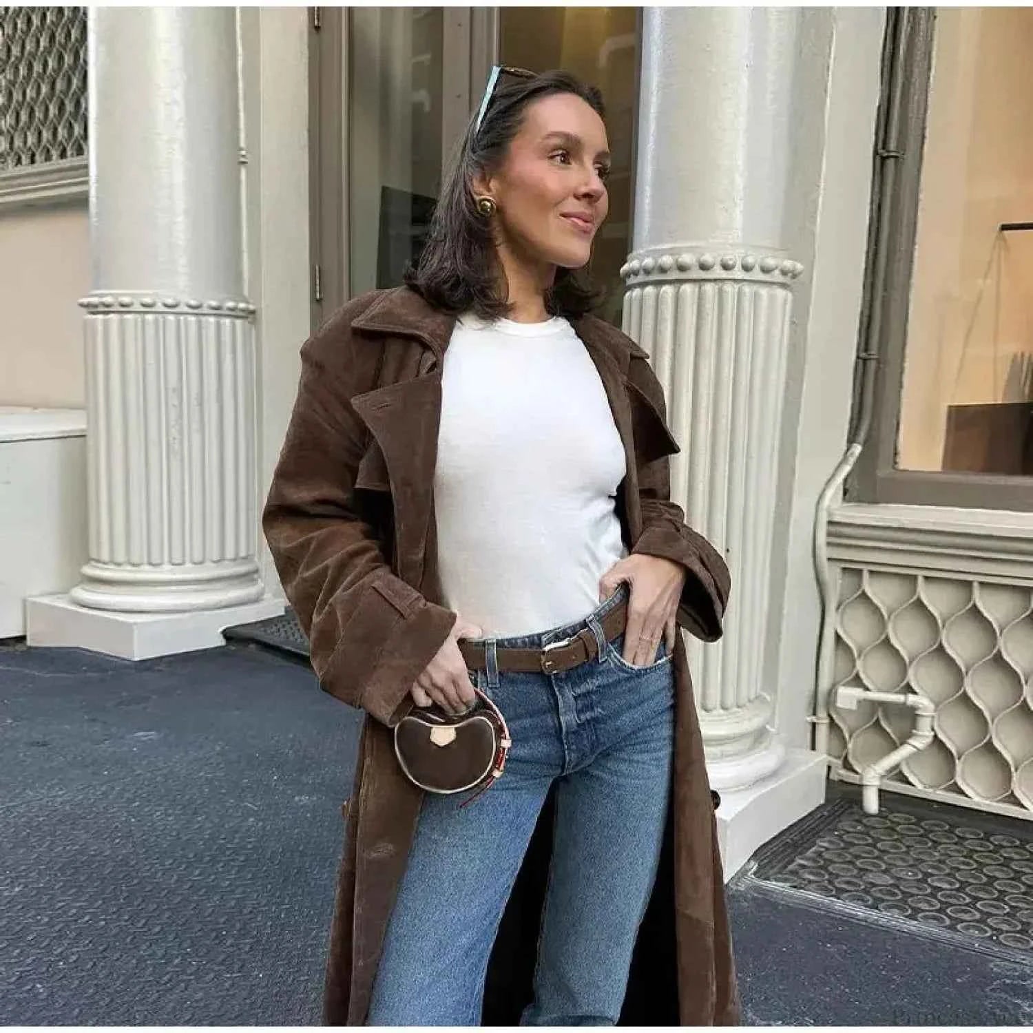 Eleganter imitierter Ledermantel mit Revers und Doppelknopfverschluss