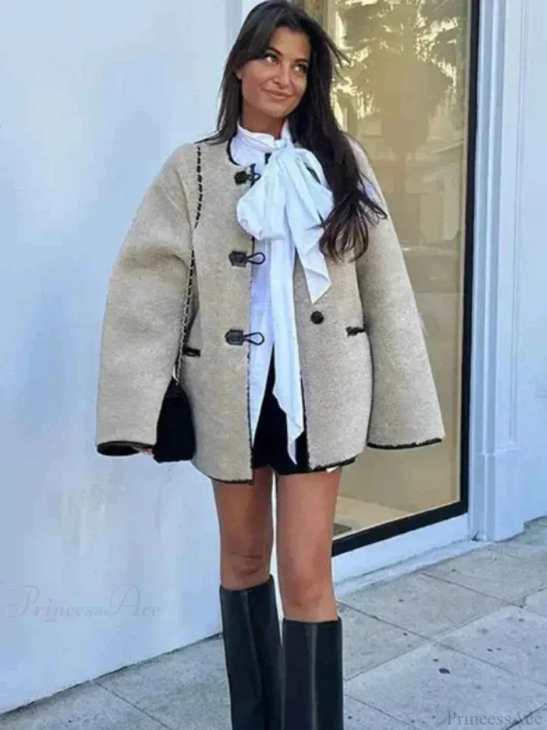 Oversize Vintage Faux-Fell-Jacke mit Rundhalsausschnitt