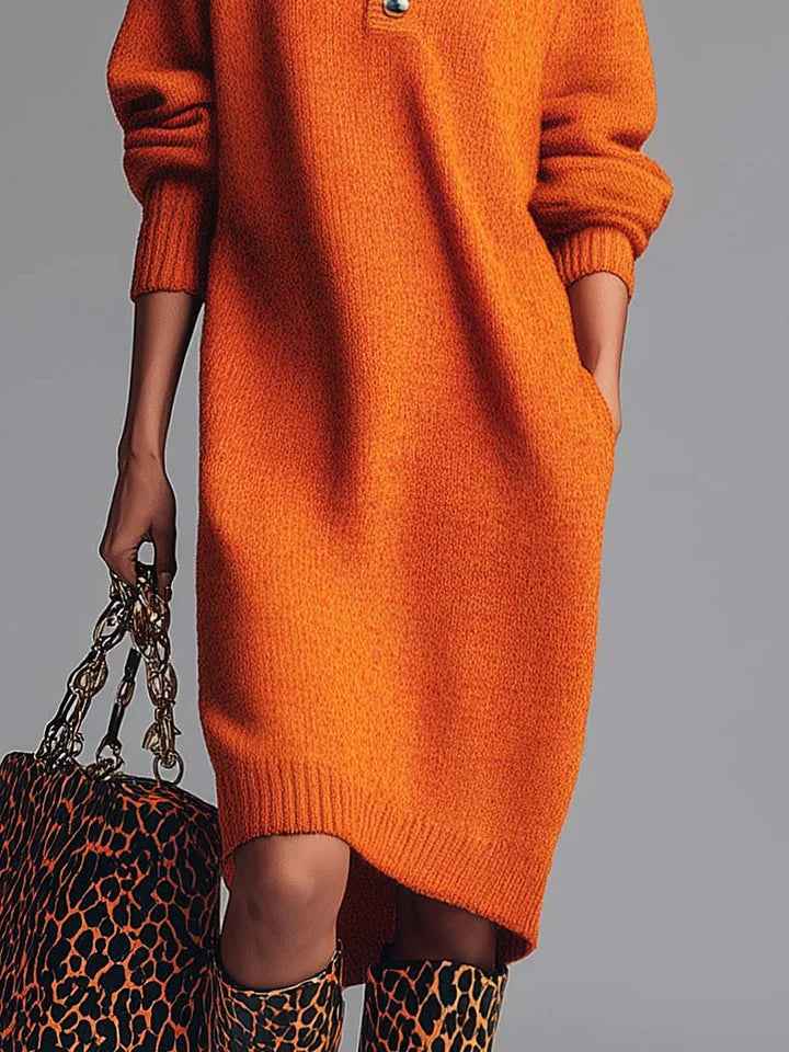 Elegantes gestricktes Midikleid mit Knopfverschluss, Reverskragen und Orange