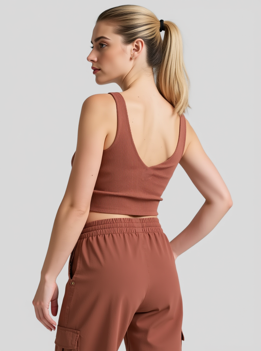 Chloe | Damen Rippstrick Kurzes Top Braun Tanktop Yoga Fitness Sommer