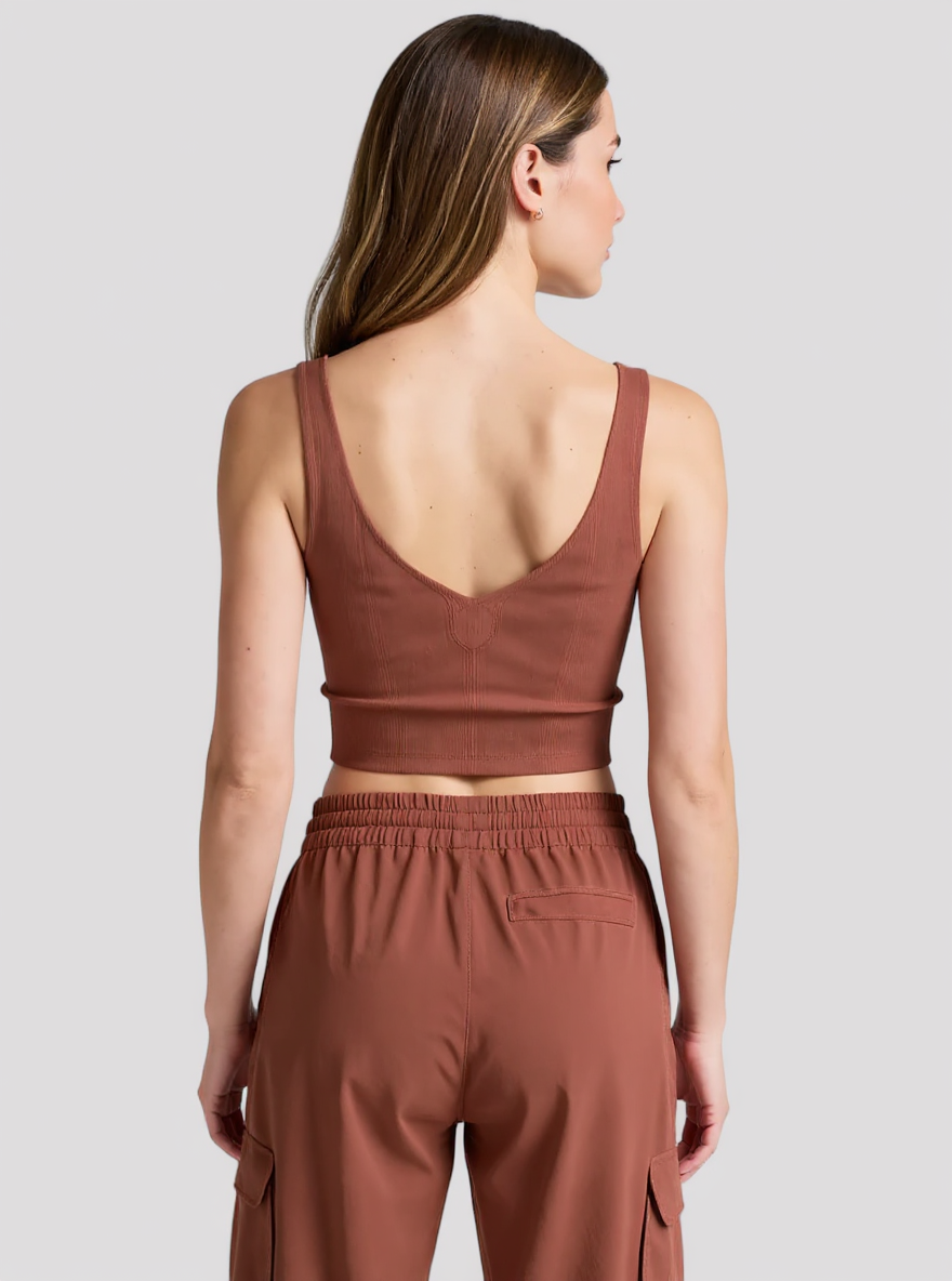 Chloe | Damen Rippstrick Kurzes Top Braun Tanktop Yoga Fitness Sommer