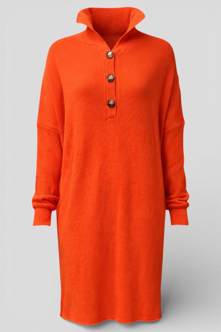 Elegantes gestricktes Midikleid mit Knopfverschluss, Reverskragen und Orange
