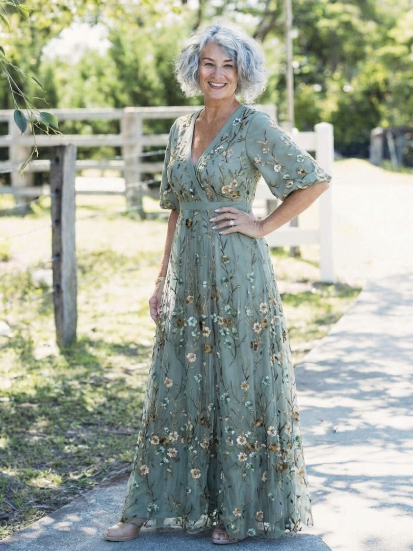 Lina & Emma™ | Kurzärmliges Maxikleid mit Blumenmuster und V-Ausschnitt