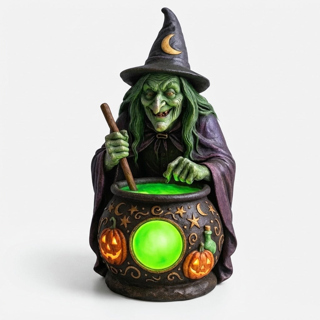 Hexenkessel Harz-Tischlampe mit Neongrüner LED