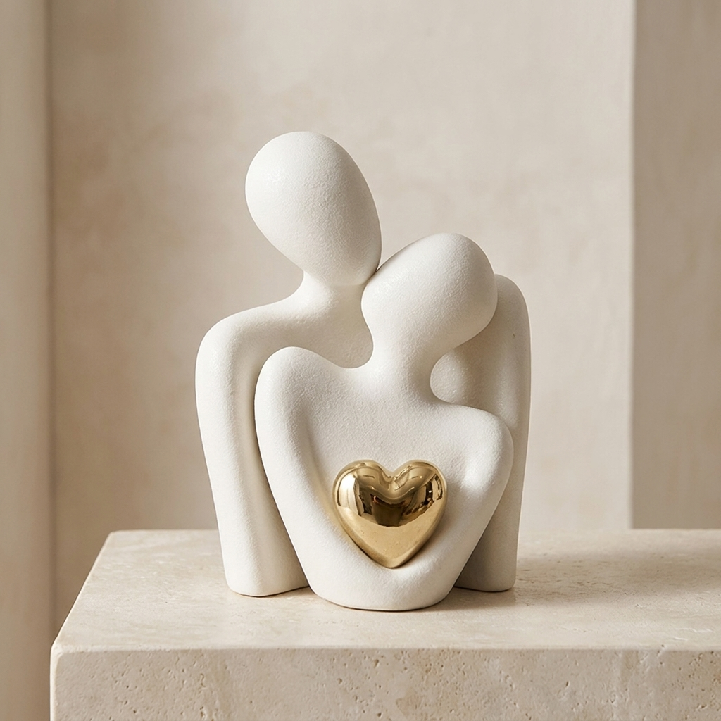 Umarmendes Paar Figur – Moderne Skulptur mit Herzdetail