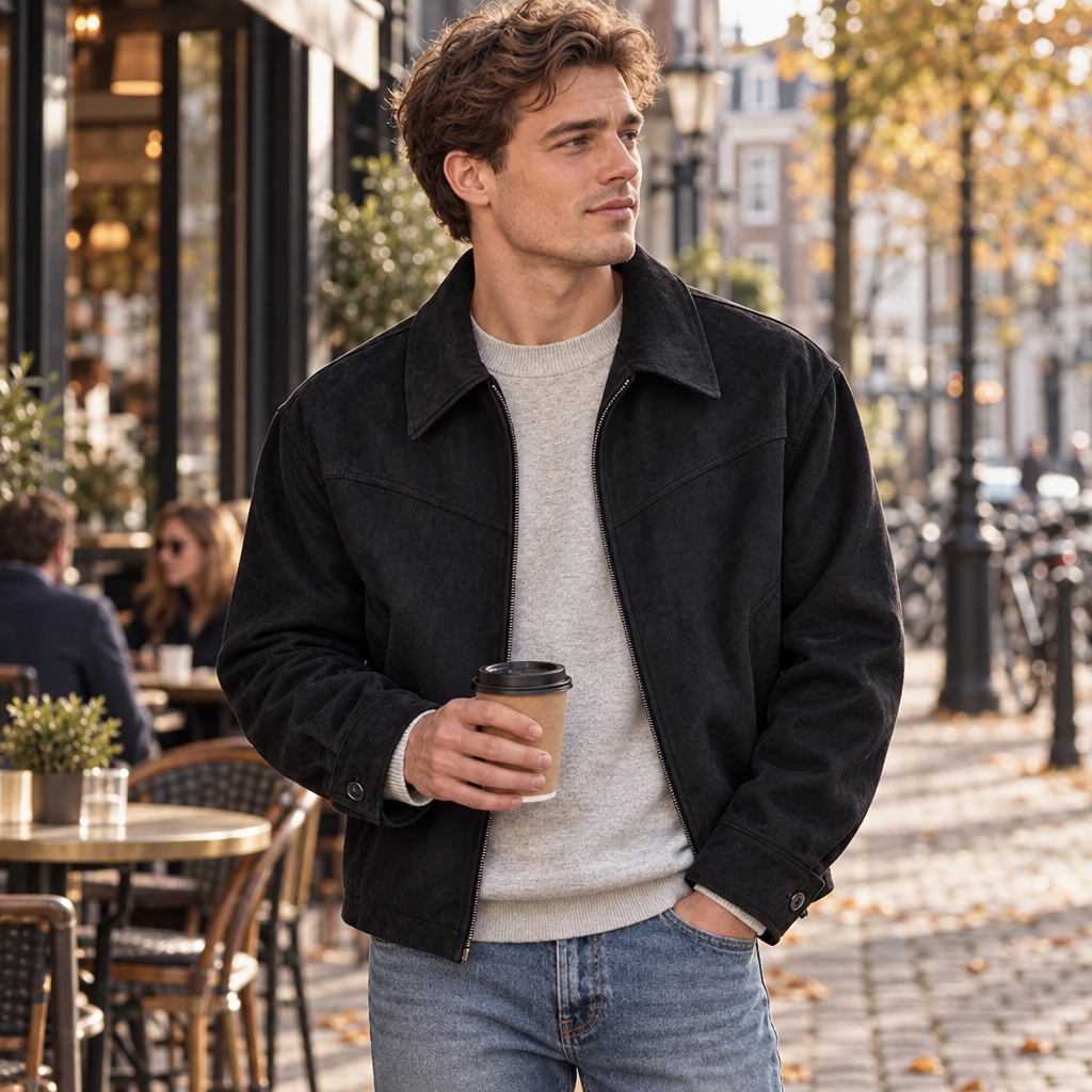 Herren Veloursleder-Optik Kurzjacke mit Umlegekragen