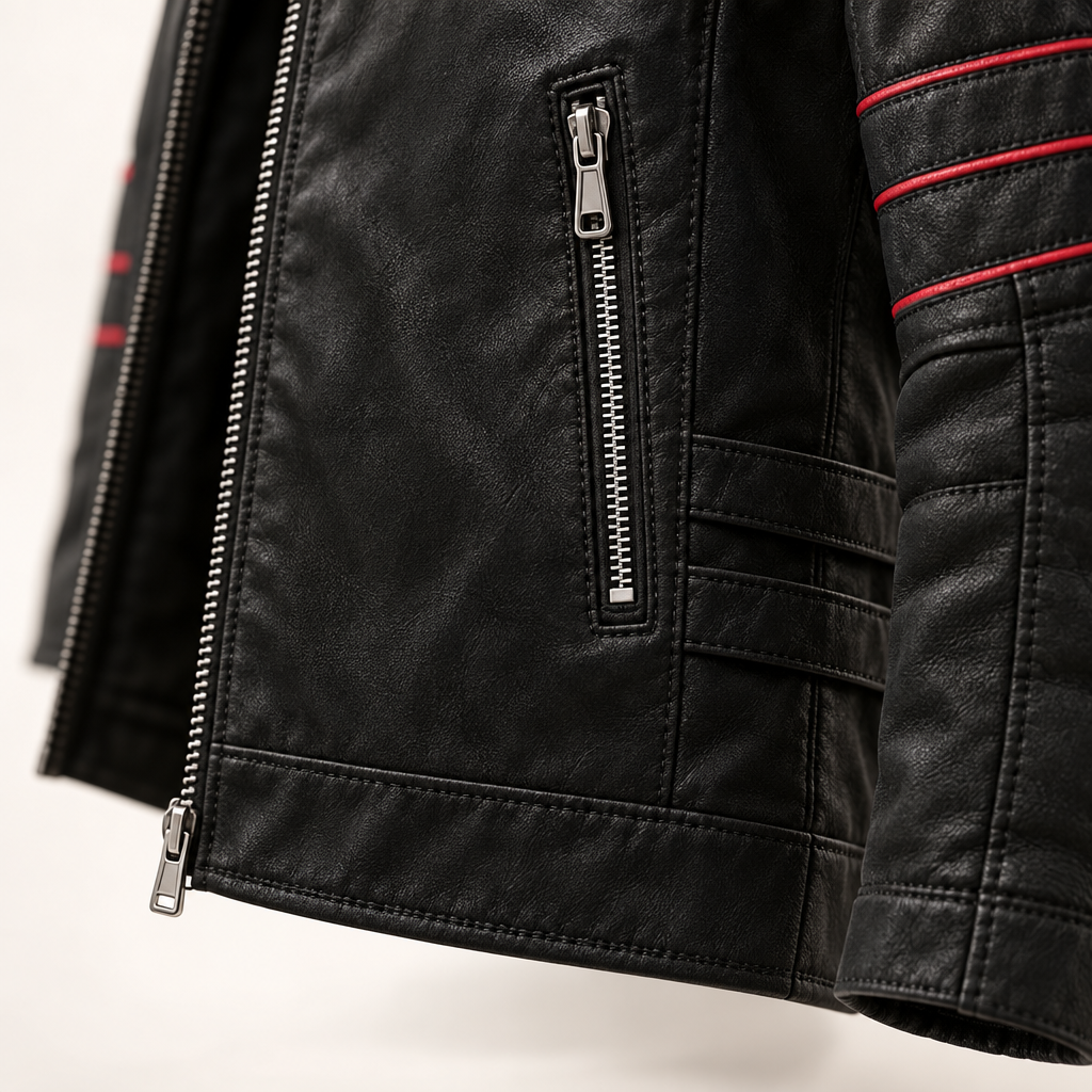 Herren Bikerjacke aus Kunstleder mit Kontraststreifen