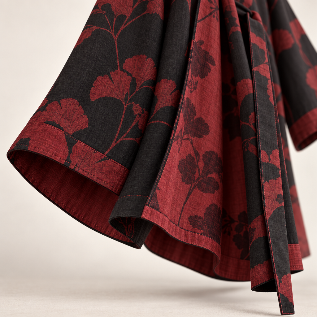 Baumwoll-Kimono-Bademantel mit wendbarem Blattmuster