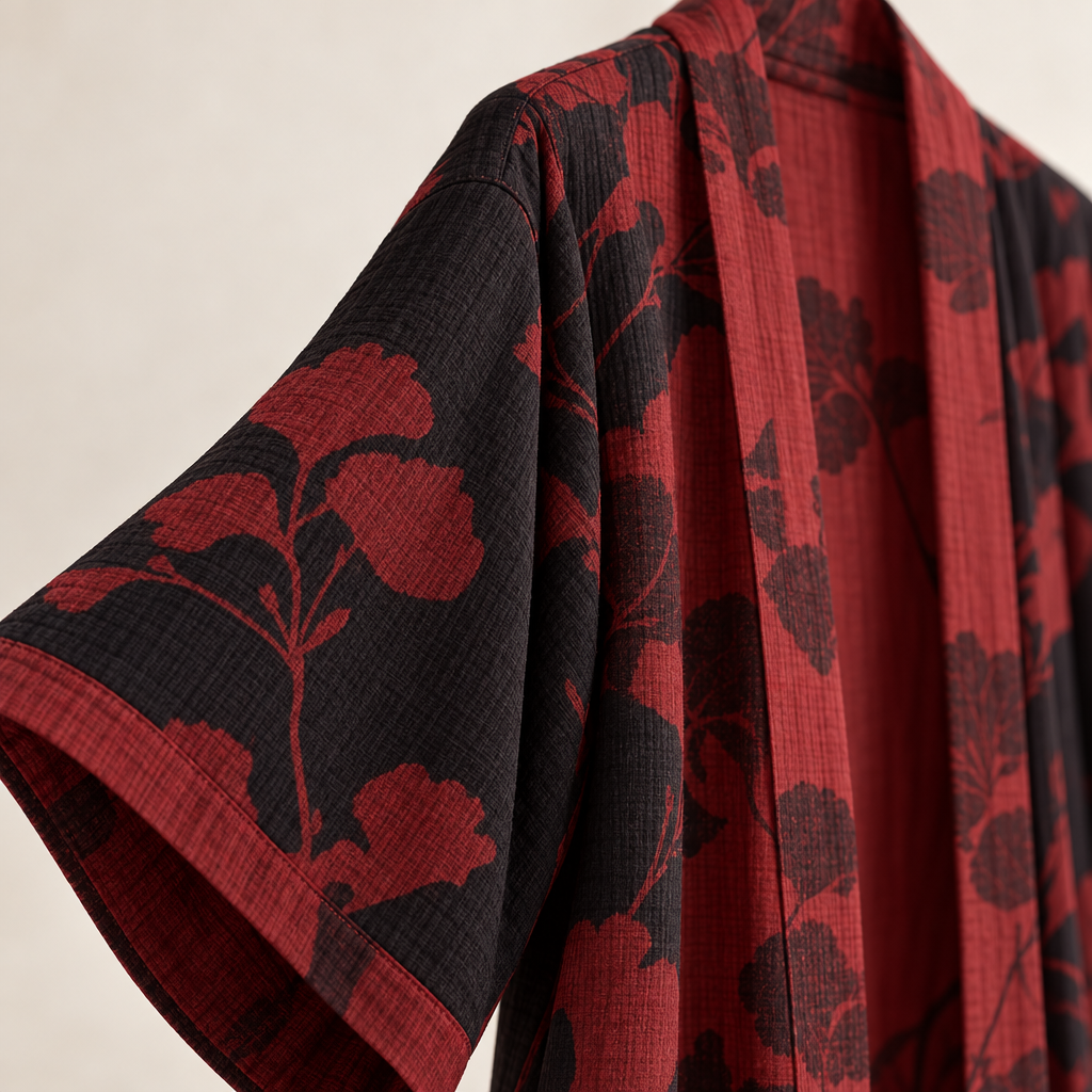 Baumwoll-Kimono-Bademantel mit wendbarem Blattmuster