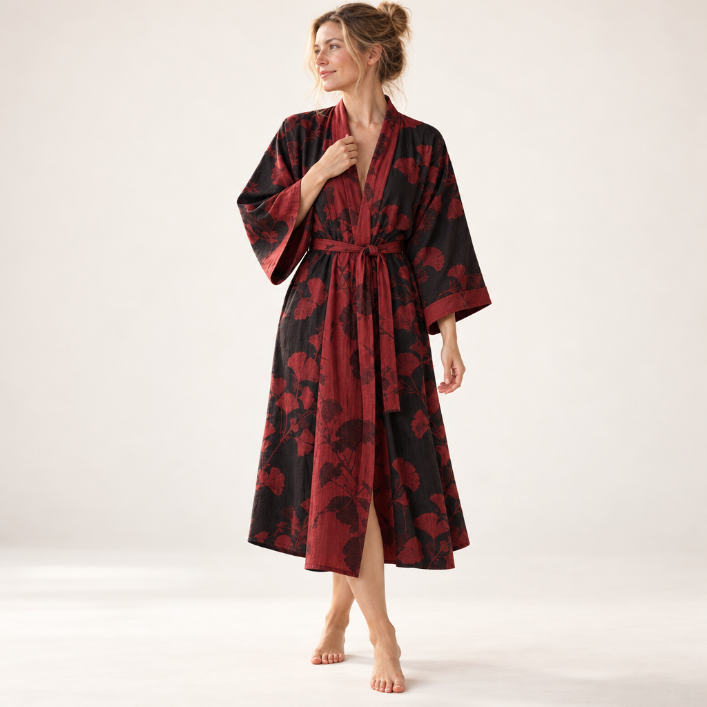 Baumwoll-Kimono-Bademantel mit wendbarem Blattmuster