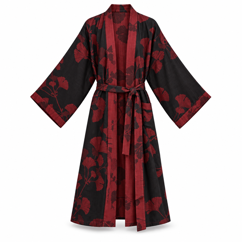 Baumwoll-Kimono-Bademantel mit wendbarem Blattmuster