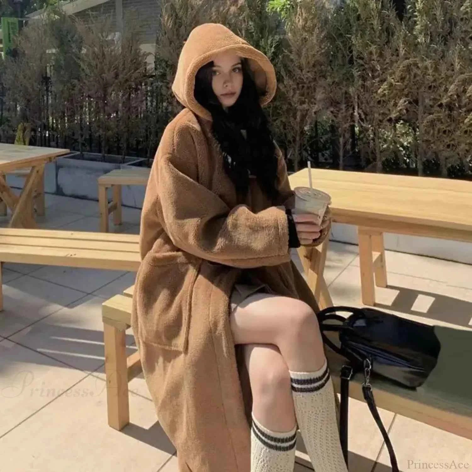 Lässiger Kapuzen-Fleece-Mid-Length-Wollmantel für ultimativen Komfort